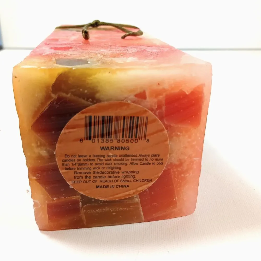 Vintage Chunk Pillar Candle Square Mosaic Wax Red Yellow Cream Rustic Decor